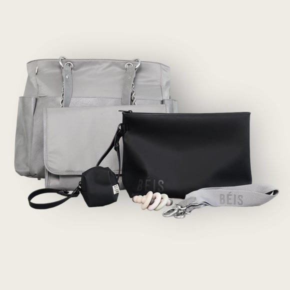 BEIS The Diaper Bag | Grey | Baby Purse Nylon Leather Trim Laptop Shoulder Strap - Picture 3 of 10